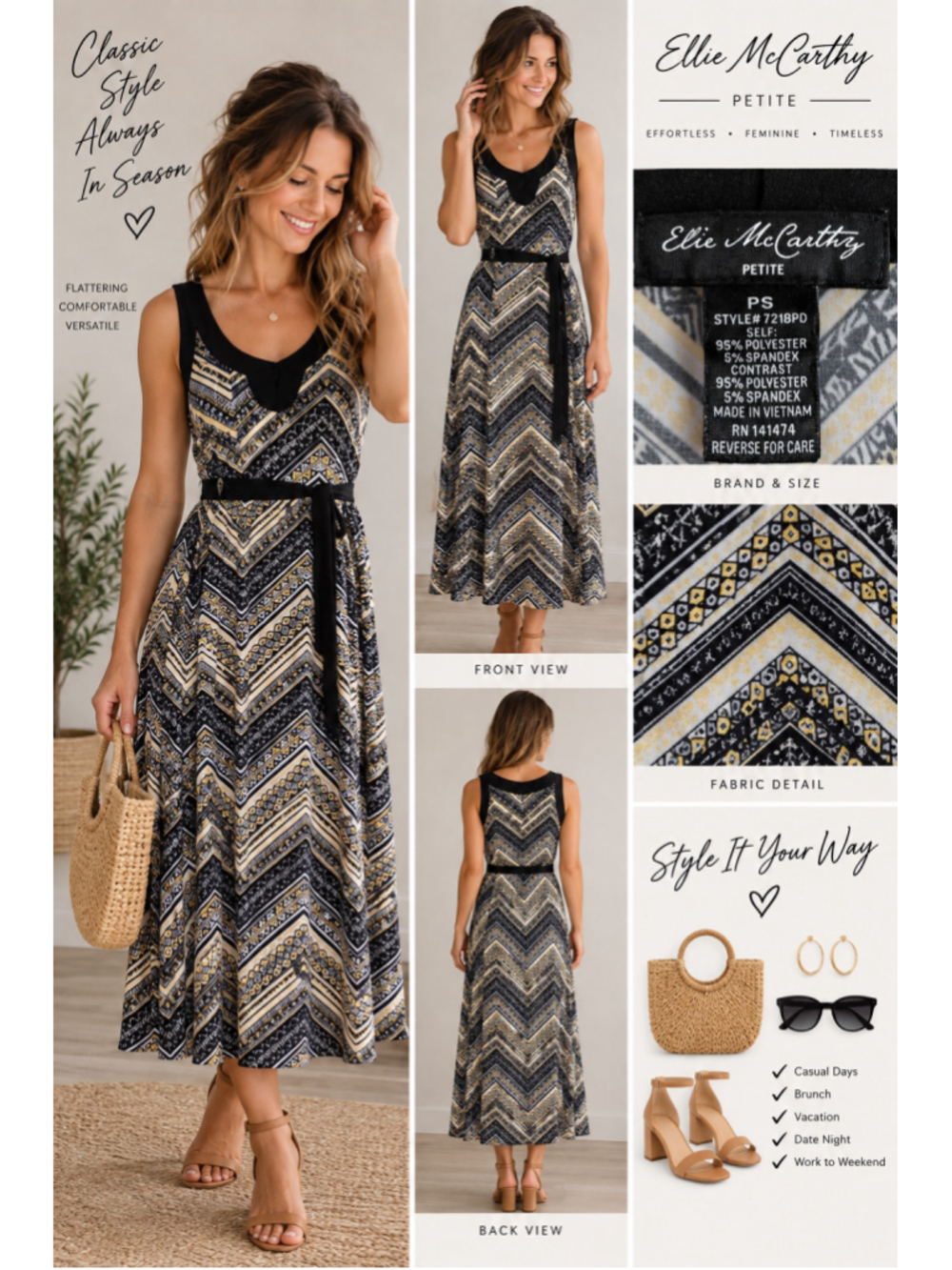 Elie McCarthy Geometric Chevron Print Sleeveless Maxi Dress Black Yellow PS W-27